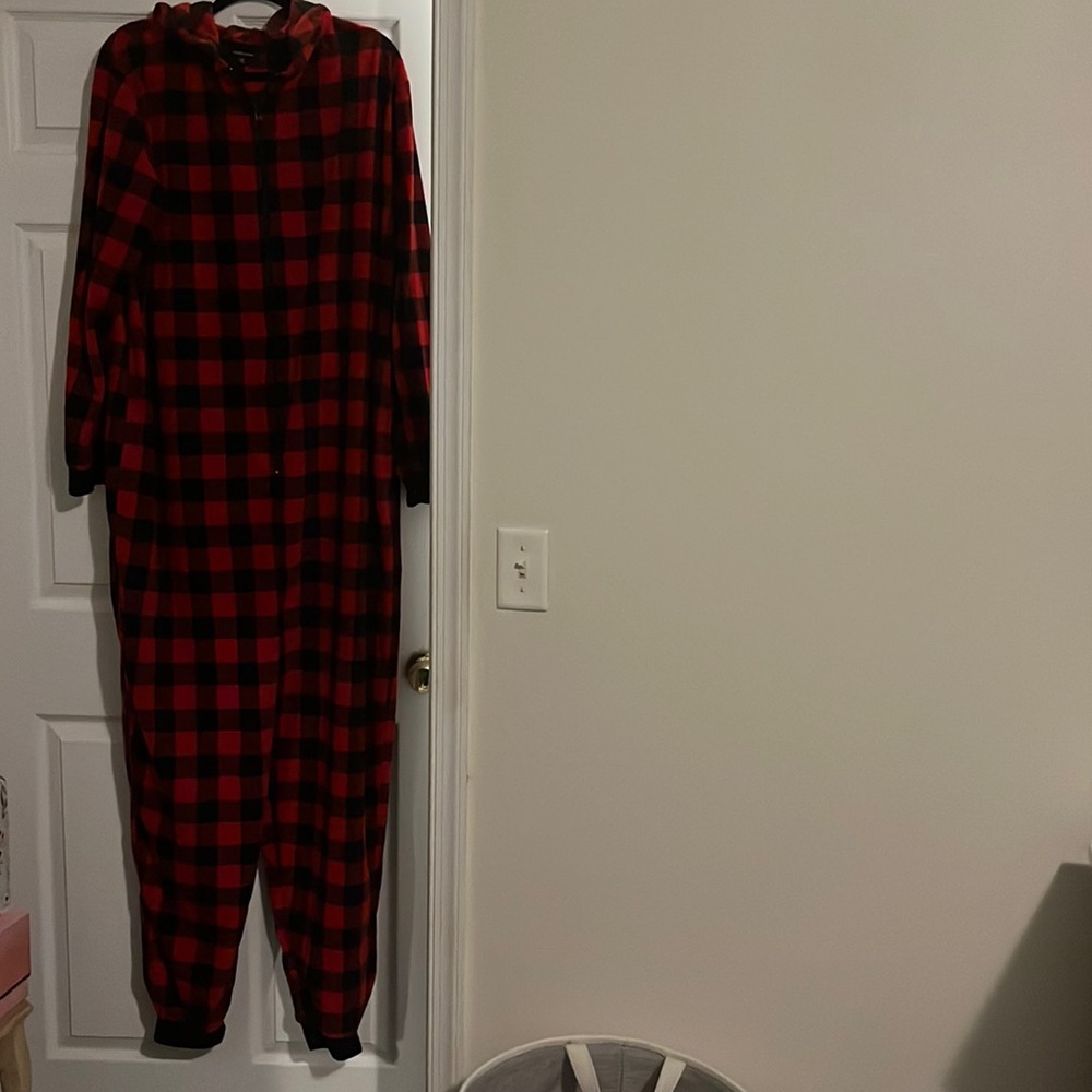 Red and black onesie with a hood size XL